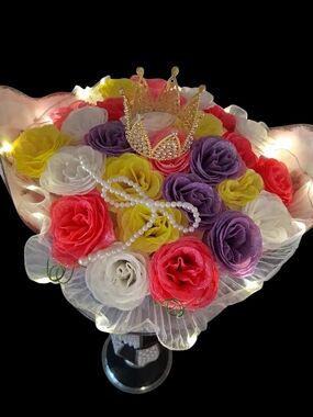Elegant Multi-Color GLITTER  Rose Butterfly Bouquet with Pearl Accents and Crown